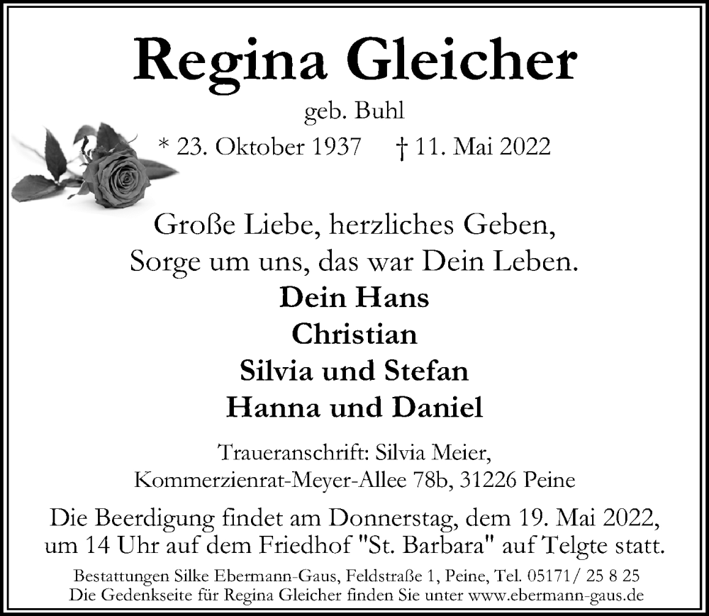  Traueranzeige für Regina Gleicher vom 17.05.2022 aus Peiner Allgemeine Zeitung