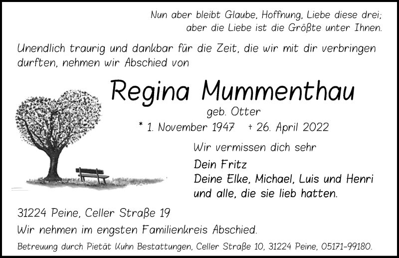  Traueranzeige für Regina Mummenthau vom 03.05.2022 aus Peiner Allgemeine Zeitung