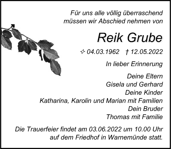 Traueranzeige von Reik Grube von Ostsee-Zeitung GmbH