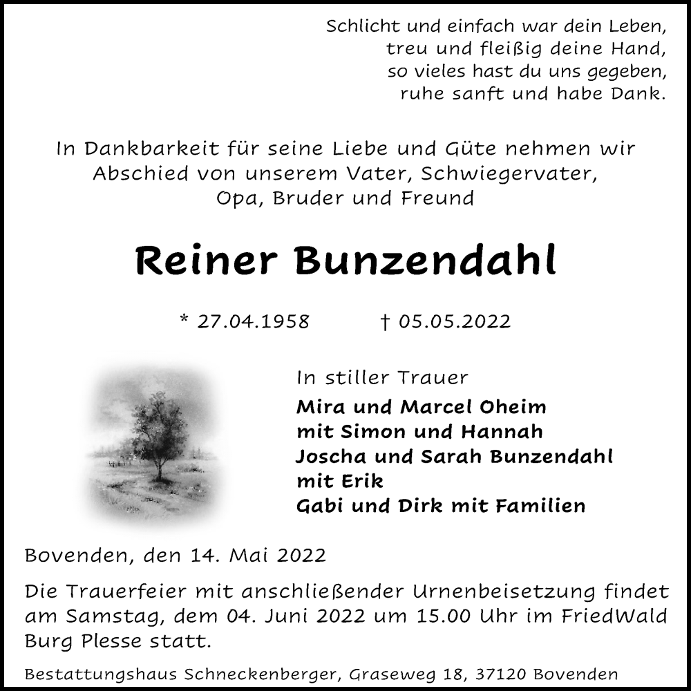  Traueranzeige für Reiner Bunzendahl vom 14.05.2022 aus Göttinger Tageblatt