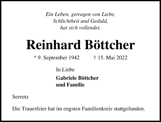 Traueranzeige von Reinhard Böttcher von Lübecker Nachrichten