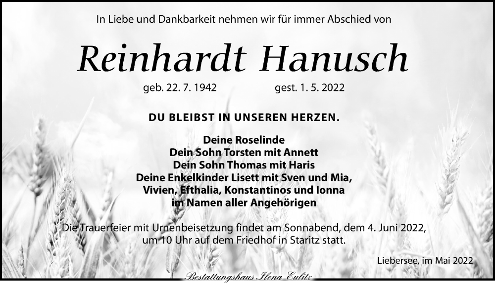  Traueranzeige für Reinhardt Hanusch vom 07.05.2022 aus Torgauer Zeitung