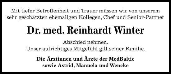 Traueranzeige von Reinhardt Winter von Kieler Nachrichten