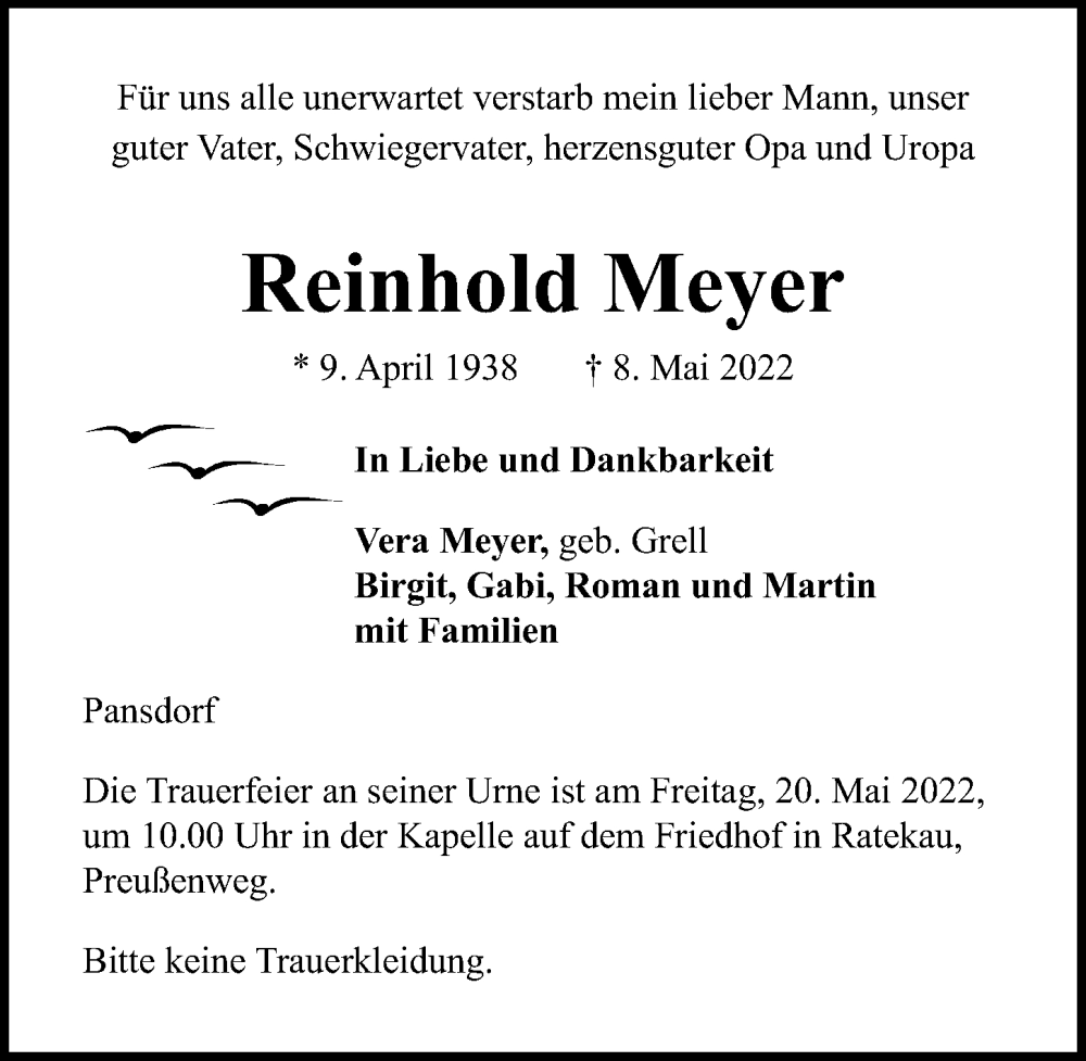  Traueranzeige für Reinhold Meyer vom 15.05.2022 aus Lübecker Nachrichten