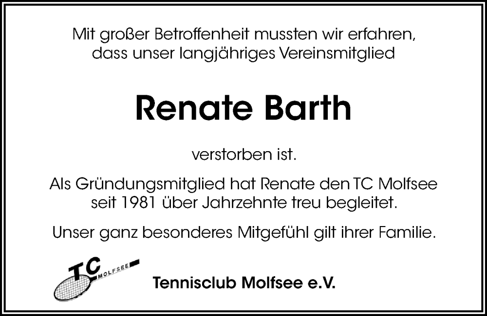  Traueranzeige für Renate Barth vom 28.05.2022 aus Kieler Nachrichten