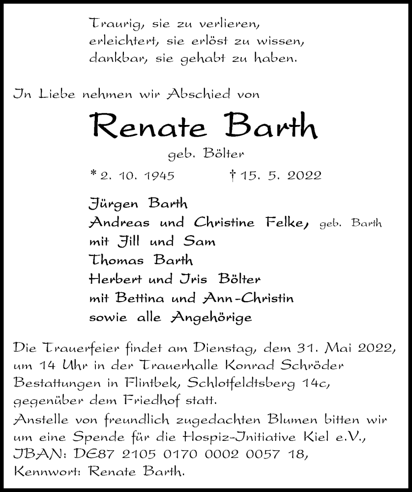  Traueranzeige für Renate Barth vom 21.05.2022 aus Kieler Nachrichten