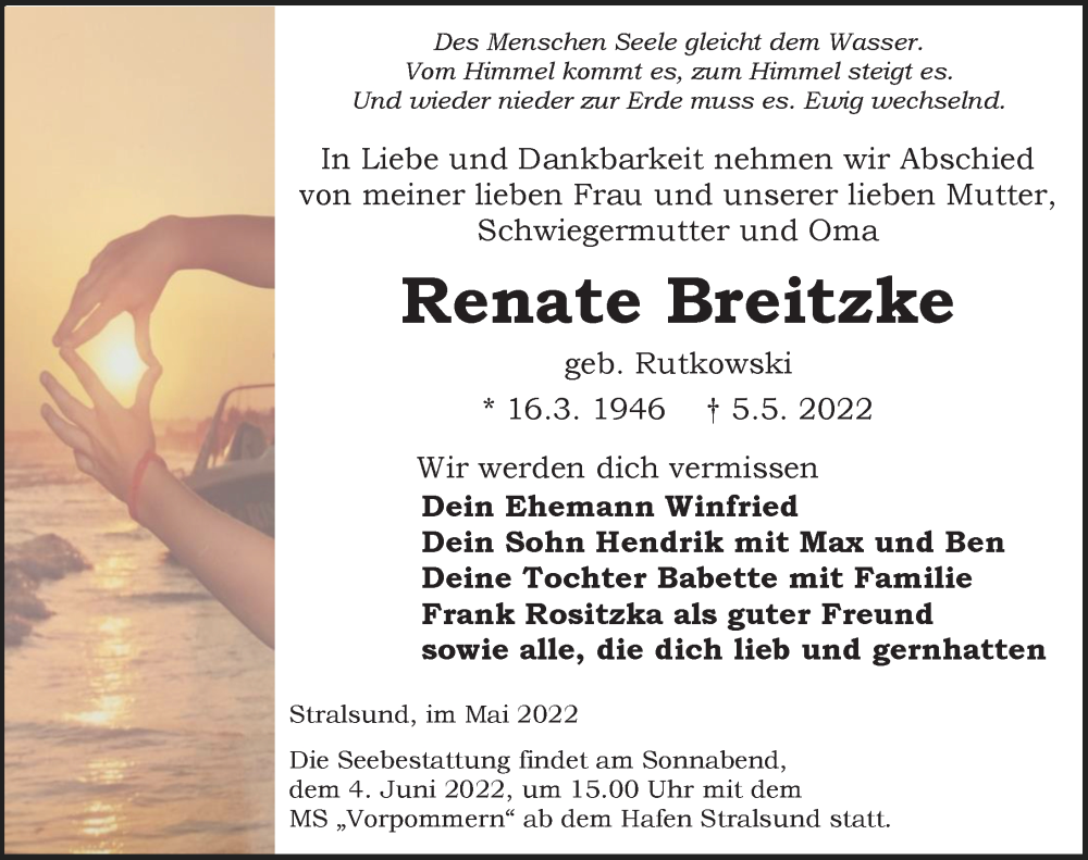  Traueranzeige für Renate Breitzke vom 14.05.2022 aus Ostsee-Zeitung GmbH