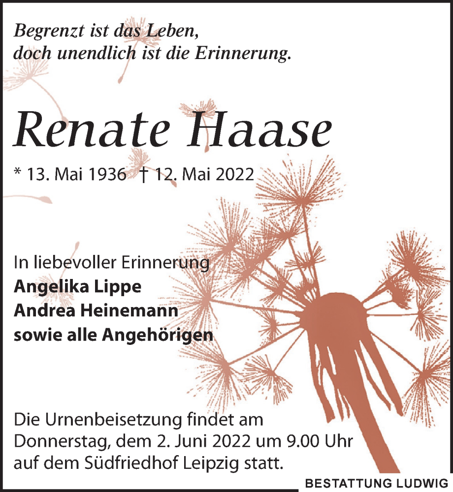  Traueranzeige für Renate Haase vom 21.05.2022 aus Leipziger Volkszeitung