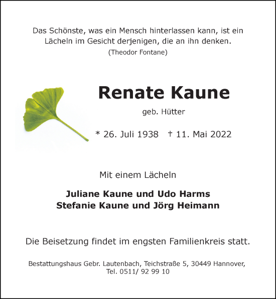 Traueranzeige von Renate Kaune von Hannoversche Allgemeine Zeitung/Neue Presse