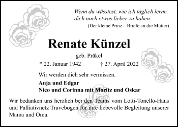 Traueranzeige von Renate Künzel von Lübecker Nachrichten