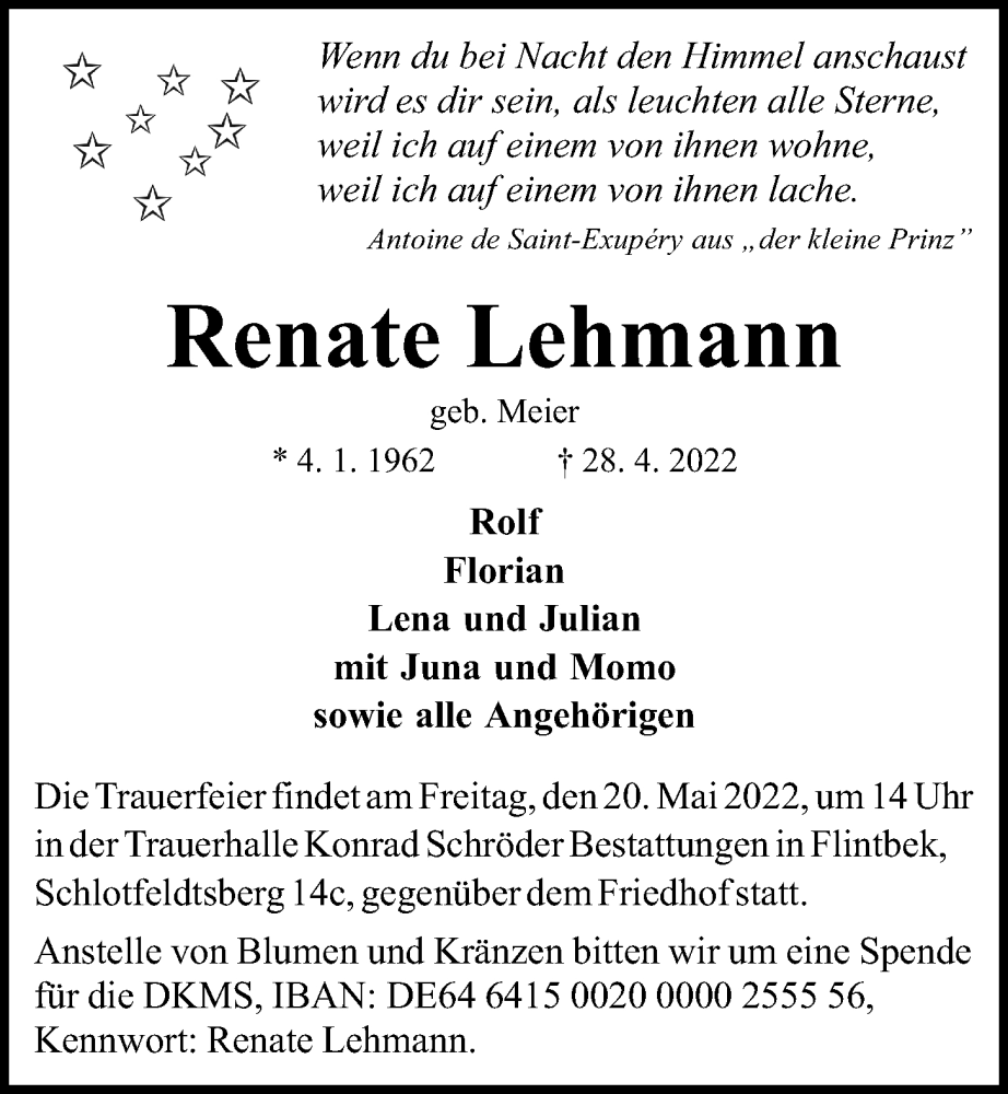  Traueranzeige für Renate Lehmann vom 14.05.2022 aus Kieler Nachrichten