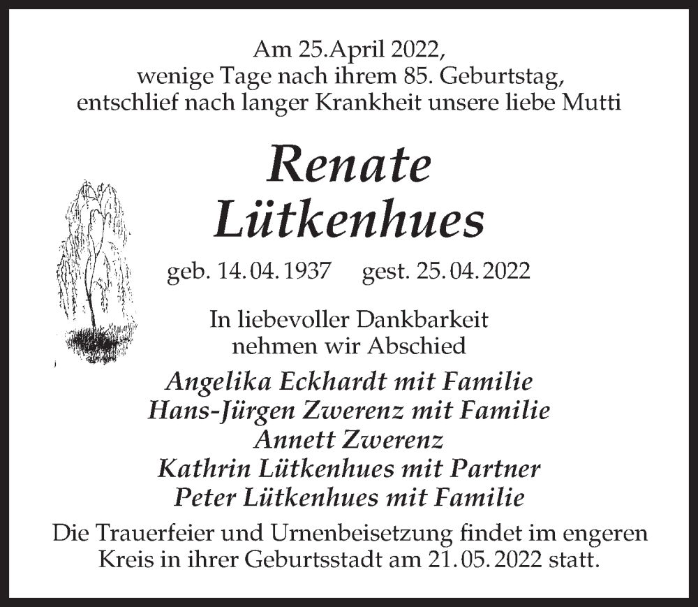  Traueranzeige für Renate Lütkenhues vom 07.05.2022 aus Märkischen Allgemeine Zeitung