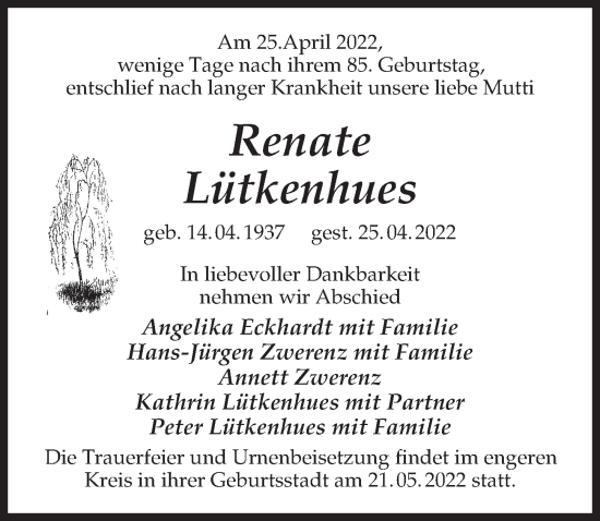 Traueranzeige von Renate Lütkenhues von Märkischen Allgemeine Zeitung