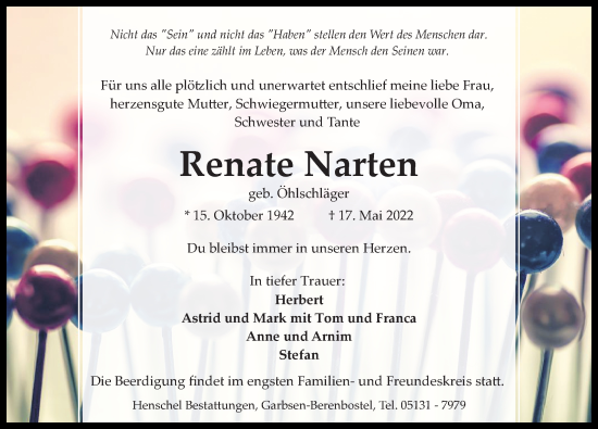 Traueranzeige von Renate Narten von Hannoversche Allgemeine Zeitung/Neue Presse
