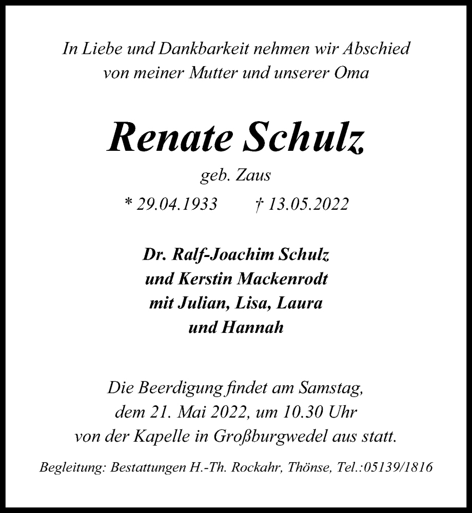  Traueranzeige für Renate Schulz vom 18.05.2022 aus Hannoversche Allgemeine Zeitung/Neue Presse
