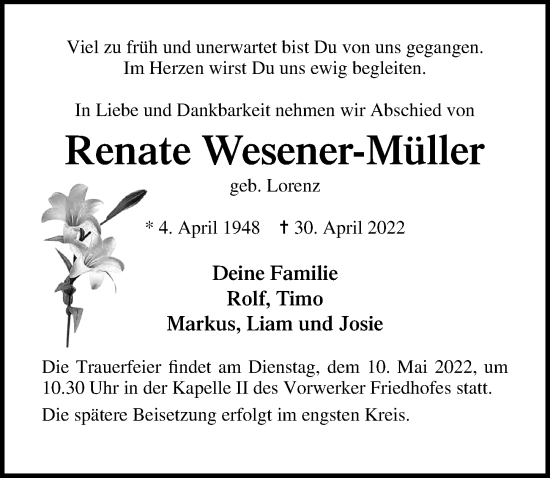 Traueranzeige von Renate Wesener-Müller von Lübecker Nachrichten