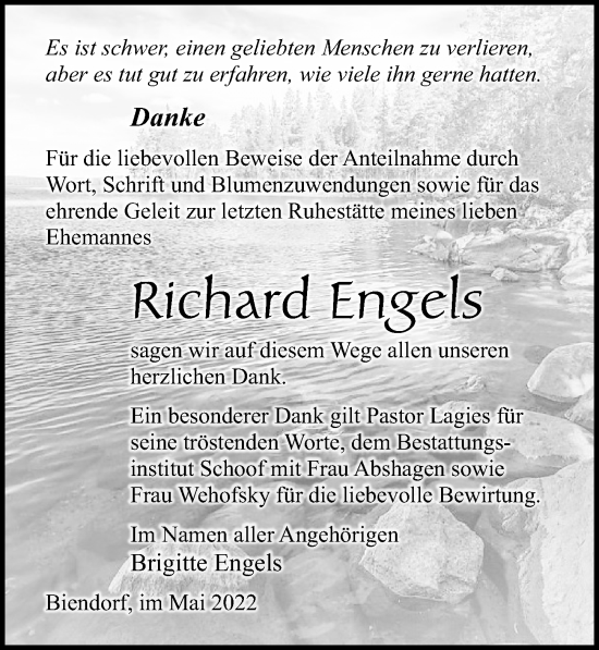 Traueranzeige von Richard Engels von Ostsee-Zeitung GmbH