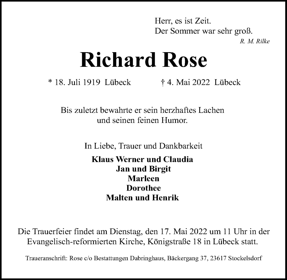  Traueranzeige für Richard Rose vom 08.05.2022 aus Lübecker Nachrichten