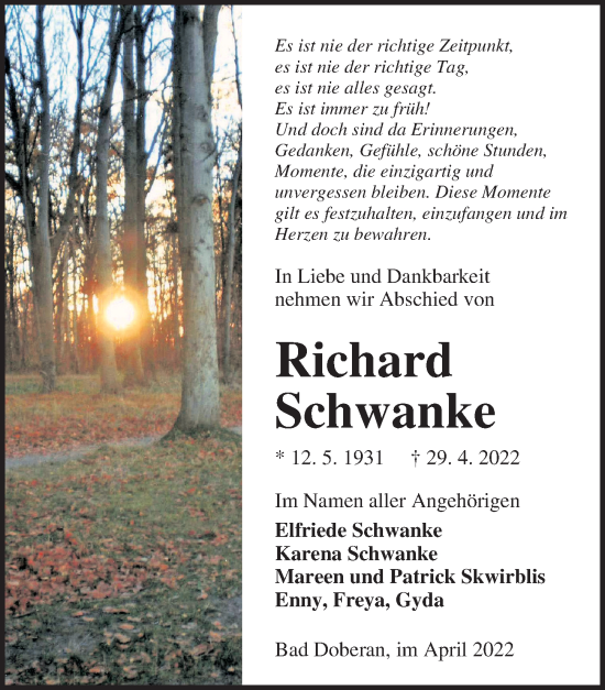 Traueranzeige von Richard Schwanke von Ostsee-Zeitung GmbH