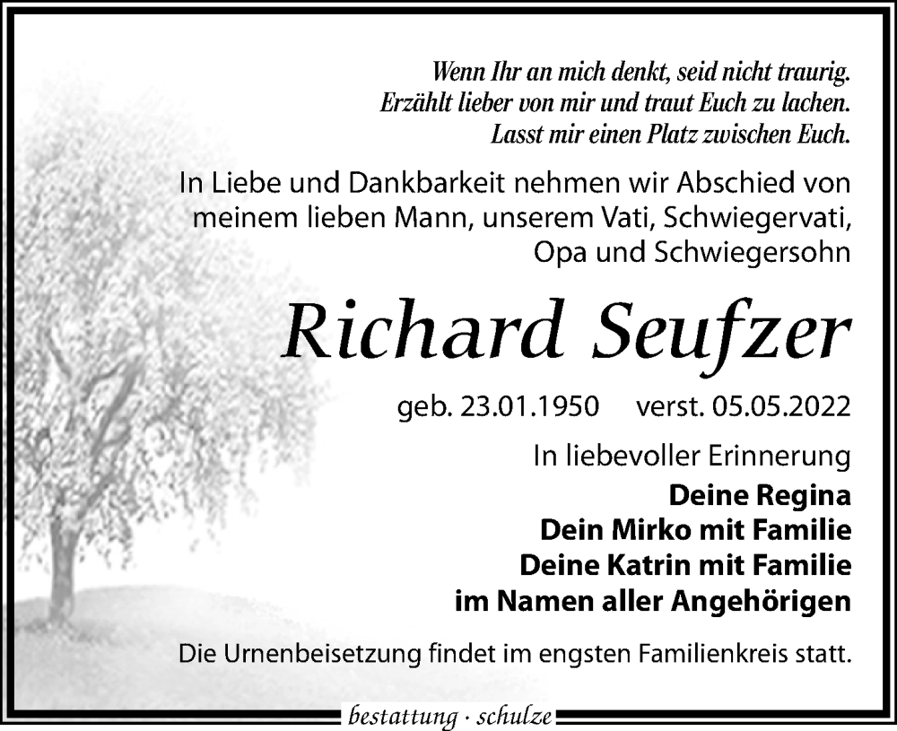  Traueranzeige für Richard Seufzer vom 14.05.2022 aus Leipziger Volkszeitung