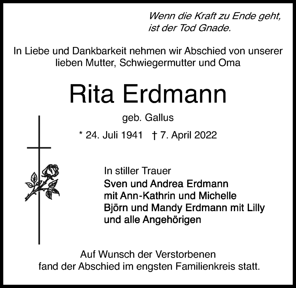  Traueranzeige für Rita Erdmann vom 14.05.2022 aus Kieler Nachrichten