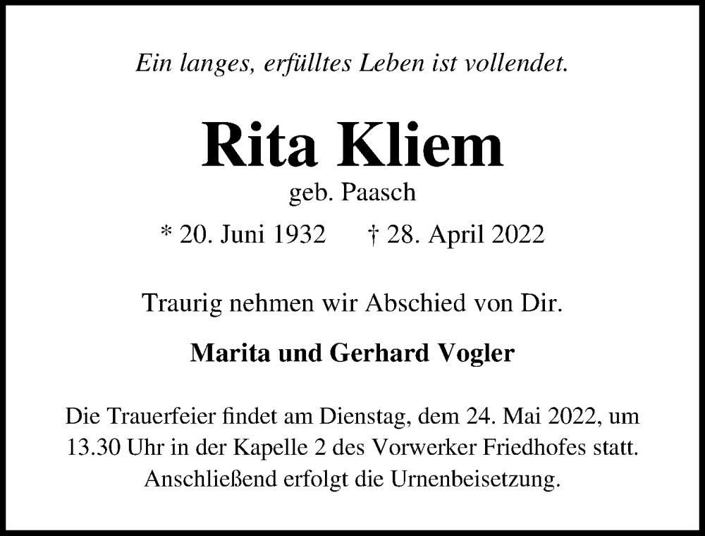  Traueranzeige für Rita Kliem vom 22.05.2022 aus Lübecker Nachrichten