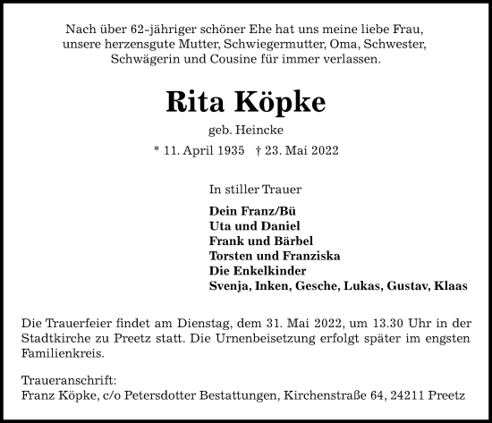 Traueranzeige von Rita Köpke von Kieler Nachrichten