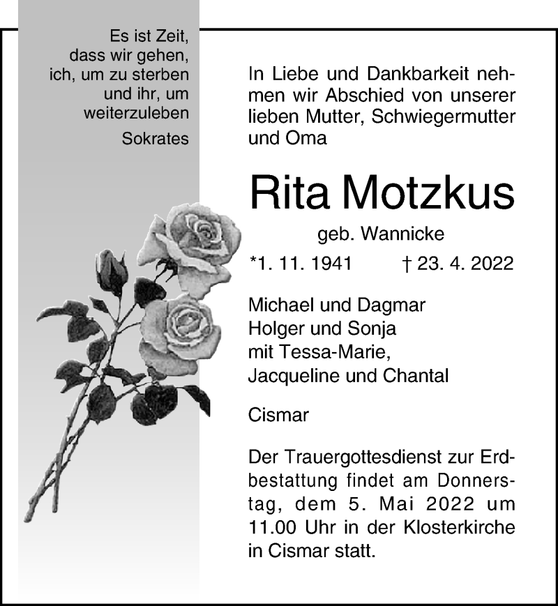  Traueranzeige für Rita Motzkus vom 04.05.2022 aus Lübecker Nachrichten