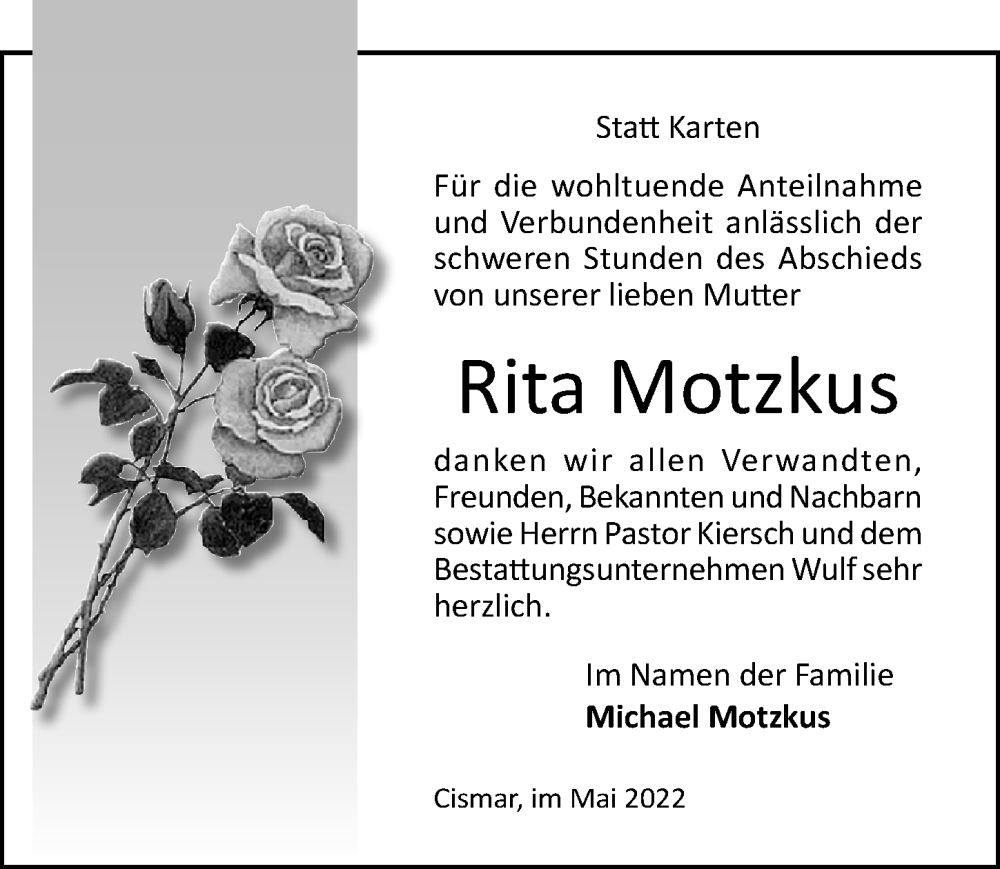  Traueranzeige für Rita Motzkus vom 14.05.2022 aus Lübecker Nachrichten