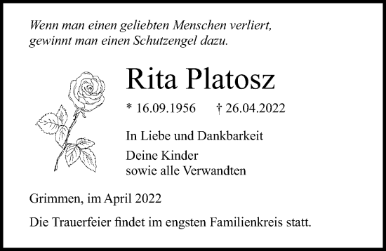 Traueranzeige von Rita Platosz von Ostsee-Zeitung GmbH