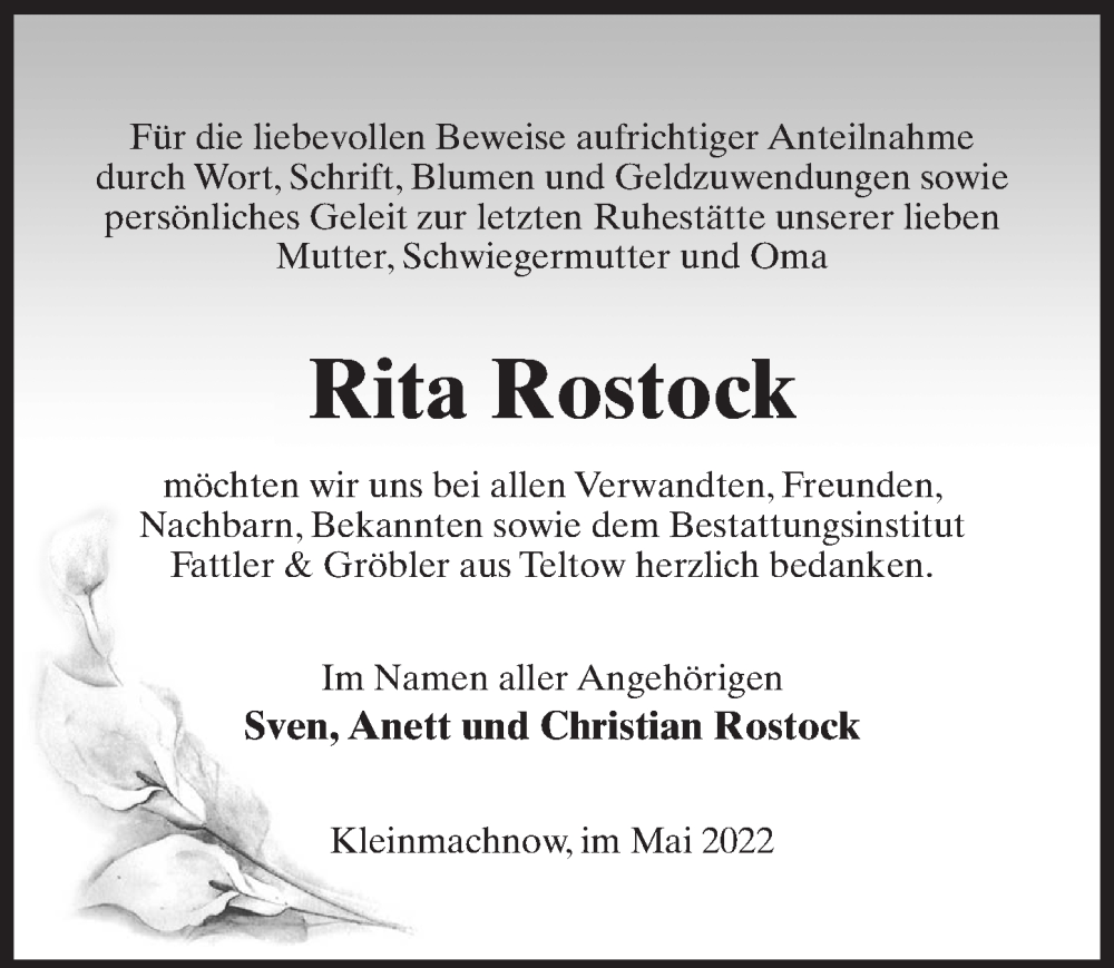  Traueranzeige für Rita Rostock vom 14.05.2022 aus Märkischen Allgemeine Zeitung