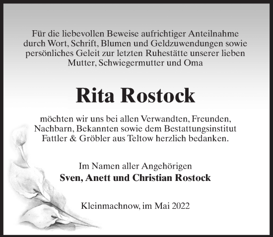 Traueranzeige von Rita Rostock von Märkischen Allgemeine Zeitung