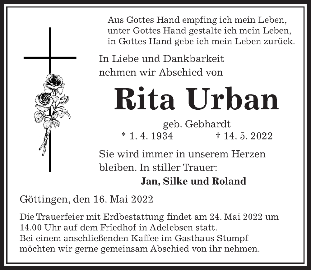  Traueranzeige für Rita Urban vom 21.05.2022 aus Göttinger Tageblatt