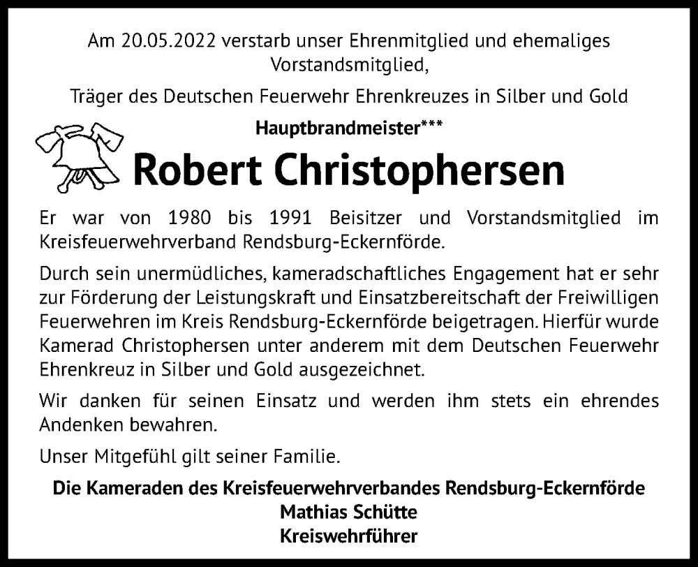  Traueranzeige für Robert Christophersen vom 31.05.2022 aus Kieler Nachrichten