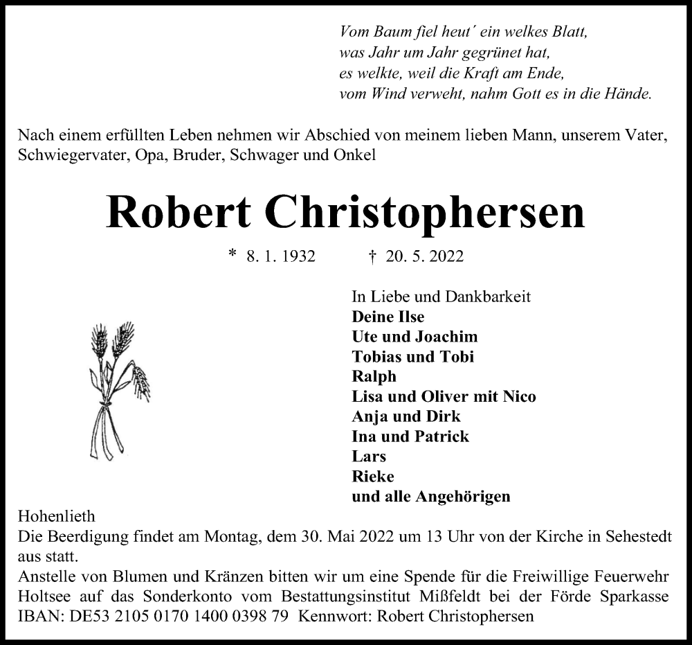  Traueranzeige für Robert Christophersen vom 25.05.2022 aus Kieler Nachrichten
