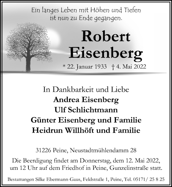 Traueranzeige von Robert Eisenberg von Peiner Allgemeine Zeitung