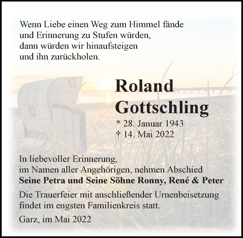  Traueranzeige für Roland Gottschling vom 21.05.2022 aus Ostsee-Zeitung GmbH