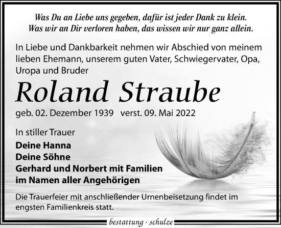 Traueranzeige von Roland Straube von Leipziger Volkszeitung