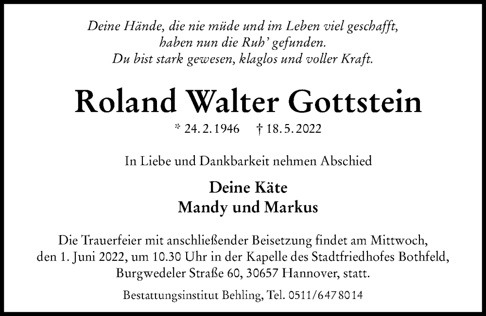  Traueranzeige für Roland Walter Gottstein vom 25.05.2022 aus Hannoversche Allgemeine Zeitung/Neue Presse