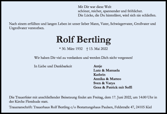 Traueranzeige von Rolf Bertling von Kieler Nachrichten
