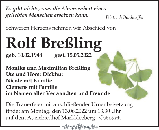 Traueranzeige von Rolf Breßling von Leipziger Volkszeitung