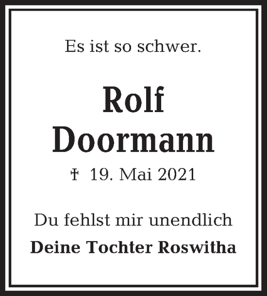 Traueranzeige von Rolf Doormann von Kieler Nachrichten