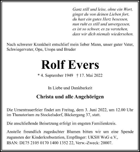 Traueranzeige von Rolf Evers von Lübecker Nachrichten
