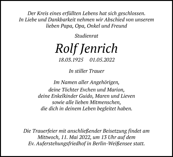 Traueranzeige von Rolf Jenrich von Märkischen Allgemeine Zeitung