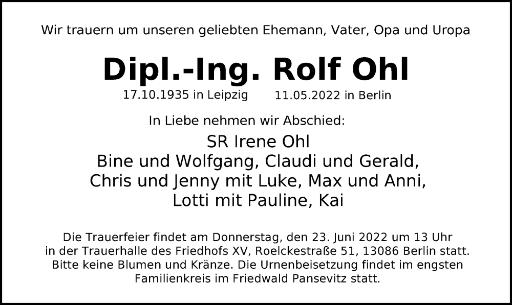  Traueranzeige für Rolf Ohl vom 19.05.2022 aus Leipziger Volkszeitung