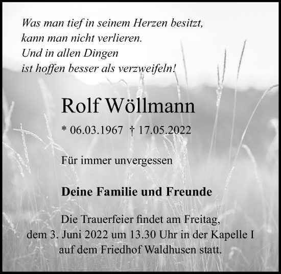 Traueranzeige von Rolf Wöllmann von Lübecker Nachrichten