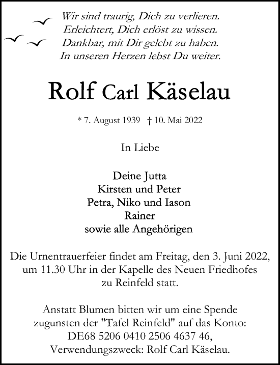 Traueranzeige von Rolf Carl Käselau von Lübecker Nachrichten