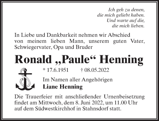 Traueranzeige von Ronald Henning von Märkischen Allgemeine Zeitung