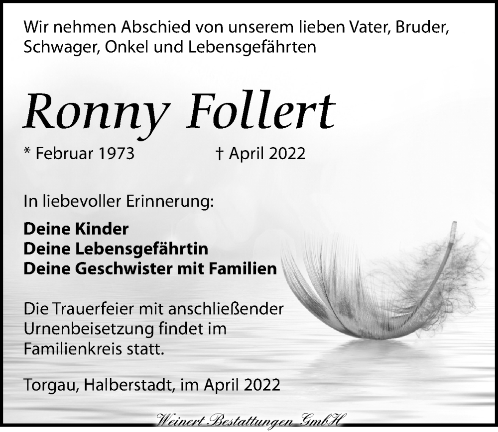  Traueranzeige für Ronny Follert vom 21.05.2022 aus Torgauer Zeitung
