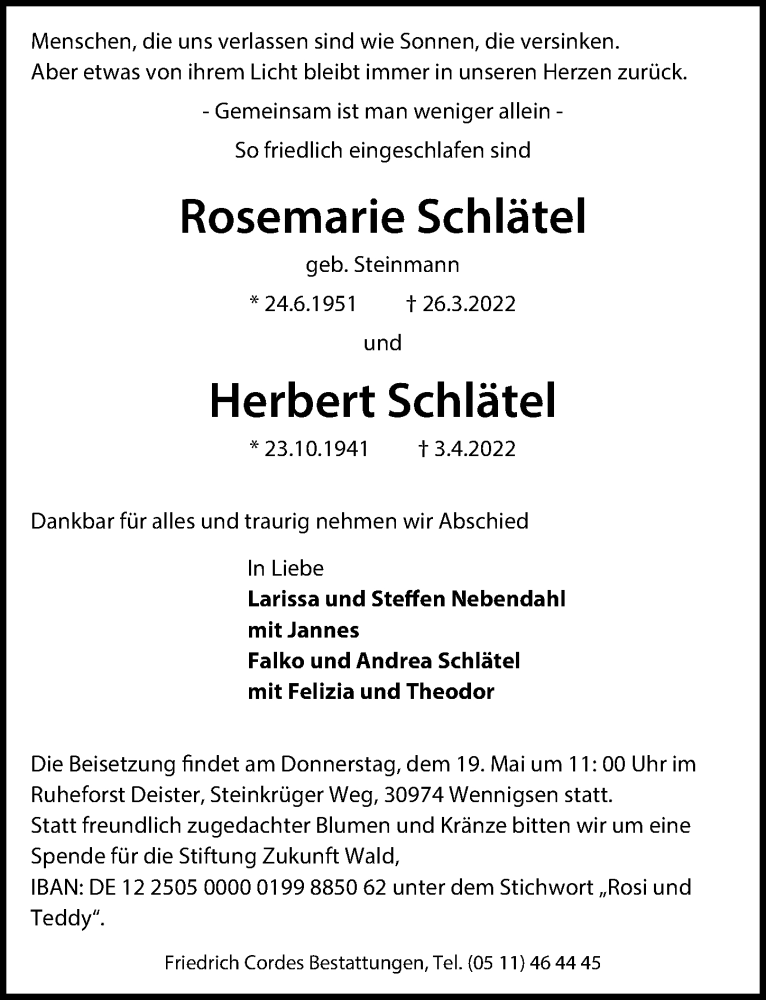  Traueranzeige für Rosemarie Schlätel vom 07.05.2022 aus Hannoversche Allgemeine Zeitung/Neue Presse